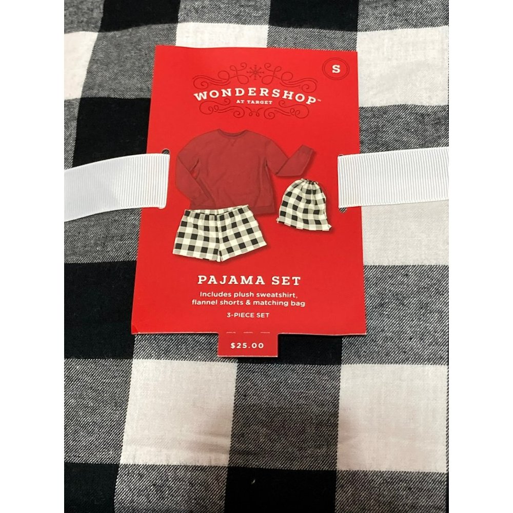 Wondershop Pajama 3pc Set Small Buffalo Check Shorts Red Sweatshirt Matching Bag